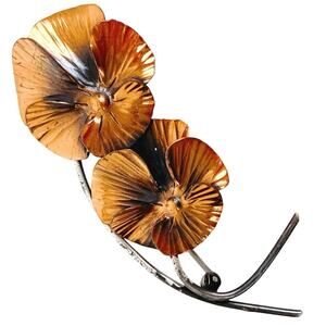 VTG Signed Stuart Nye 50s 60s Copper, Sterling Silver Double Flower Brooch Pin
